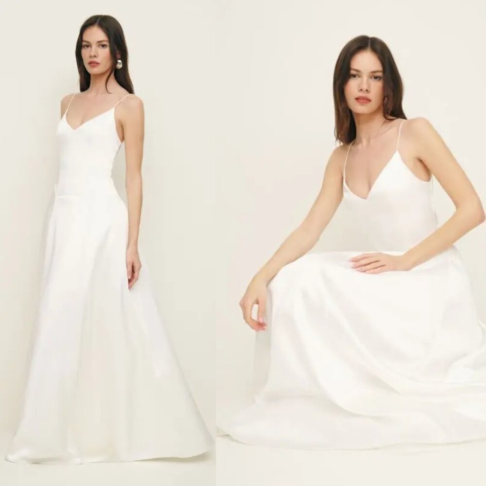 NWOT Reformation Icelynn Satin Maxi Dress In Ivory Plunge Neck Full Length Skirt